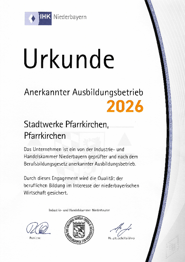 IHK Niederbayern - Urkunde Anerkannter Ausbildungsbetrieb 2026