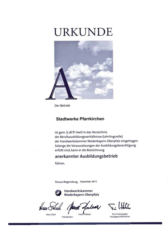 Urkunde - Stadtwerke Pfarrkirchen als anerkannter Ausbildungsbetrieb